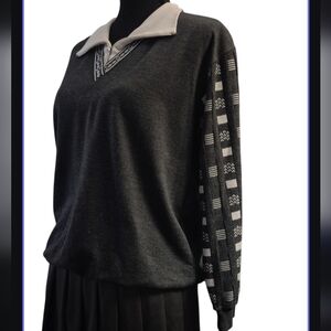 Blast Charcoal Quarter-Zip Knit Pullover with Contrast Pattern Sleeves- Size PS